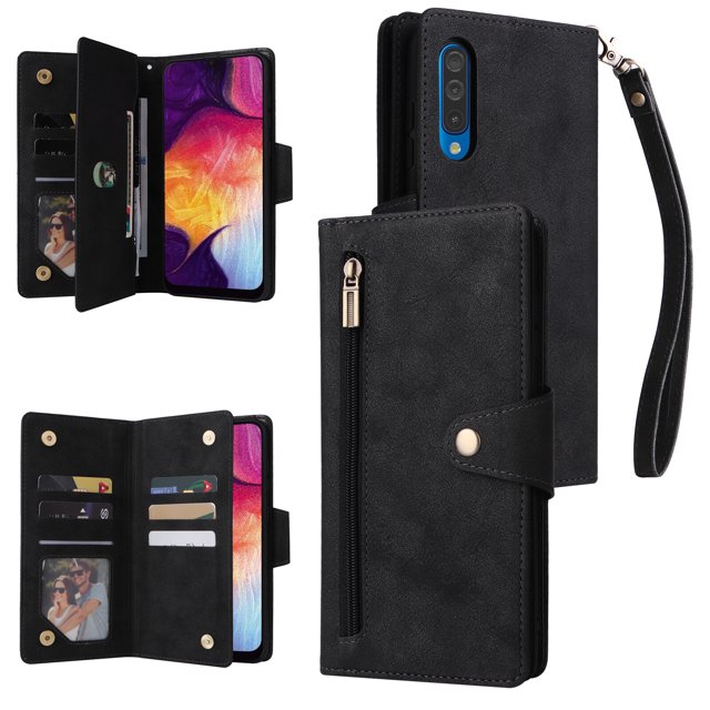 Case for Samsung Galaxy A50 Magnetic Leather Zipper Wallet Cover Card Holder