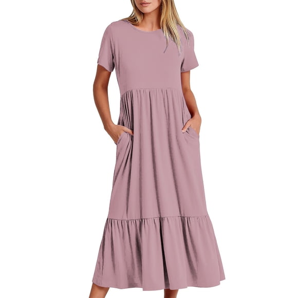 Bigersell Hawaiian Dresses for Women Summer Female Crew Neck Short Sleeve Maxi T-Shirt Dress Style D-30 Floral Dress Ladies Regular Summer Dresses , Pink L