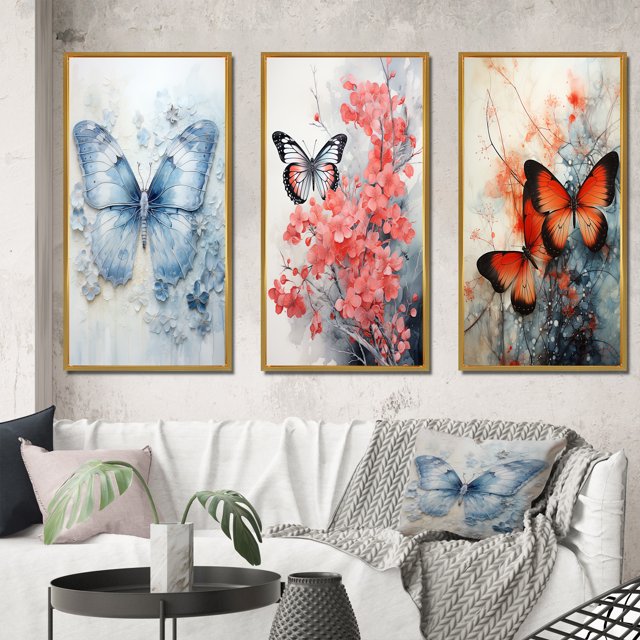 Designart "Blue Butterfly Wings I" Animals Framed Wall Art Set Of 3 - Blue Butterfly Frame Canvas Set For Living Room Decor