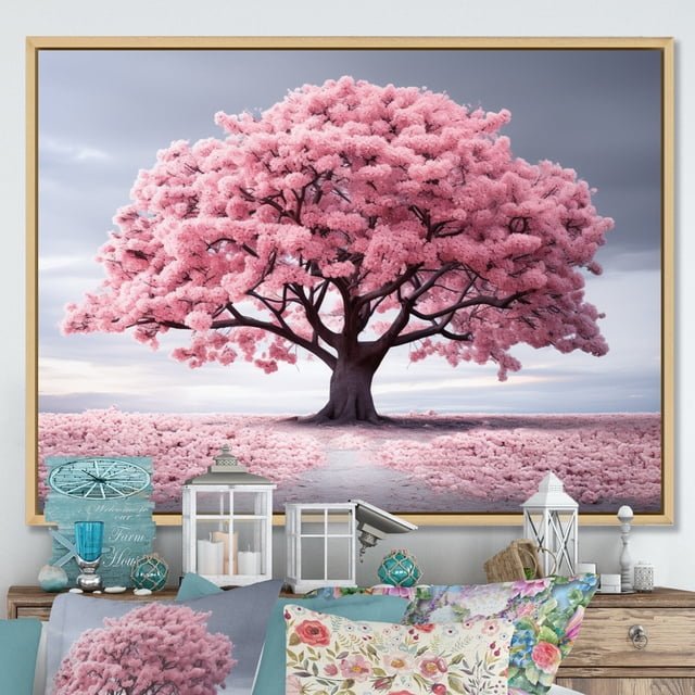 Designart Trees Oversized framed wall art decor, Tree Natural framed wall art, Spring Awakening Pink Tree Serenade I , Pink Traditional Natural framed wall art, 40x30 inches Natural brown color Frame