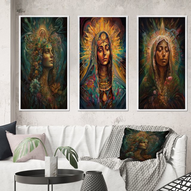 Designart "Holy Mary Radiating Aura IV" Christianism Framed Wall Art Set Of 3 - Green Traditional Frame Gallery Wall Set For Home Decor