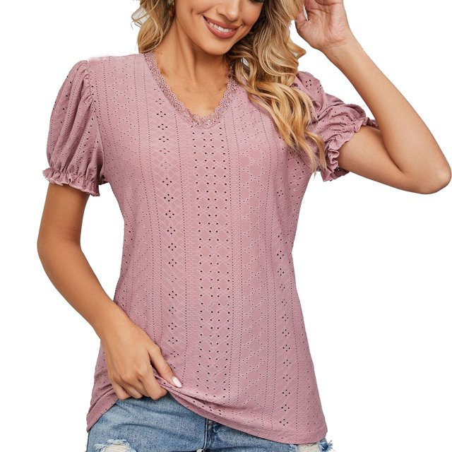 Birdeem Womens V- Neck Solid Color Lace Panel Cut-Out Short Sleeve Short Tops