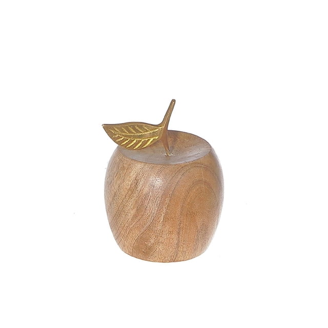 Pomme Décorative en Bois de Manguier Sculptée en Bois de Manguier Durable avec des Motifs de grain visible et une Petite Feuille de Couleur or sur le Dessus, Mesurant 2,75 x 2,75 x 3,75 Pouces, Convient à la Déco Rustique de la Maison Ou comme Presse-Papiers.