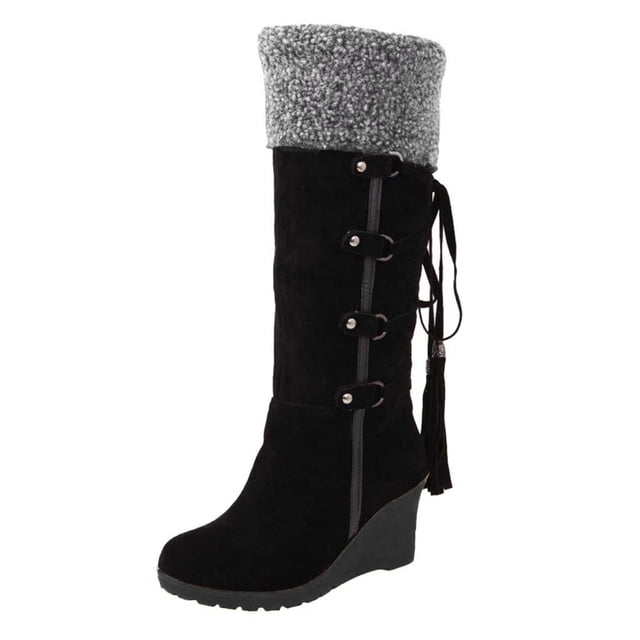 Penkiiy Bottes Hauteur Genou pour Femmes en Suède Polaire, Bottines d'Hiver Plissées pour la Neige, Chaussures d'Extérieur d'Hiver, Bout Rond, Bottes à Talon Compensé 42 Noir