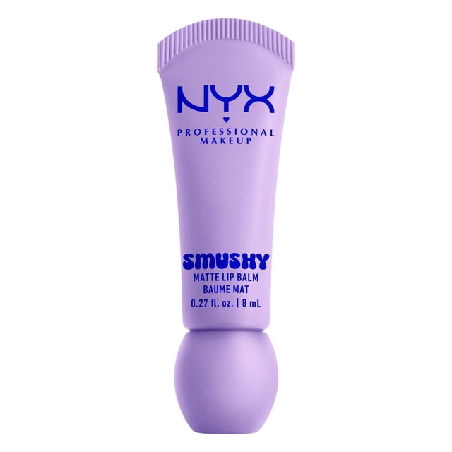 NYX Professional Makeup Smushy Matte Lip Balm in a lavender squeeze tube with rounded cap, labeled in blue text, containing 0.27 fl. oz. (8 mL) of vegan tinted lip balm that provides a soft, diffused matte finish and comfortable wear.