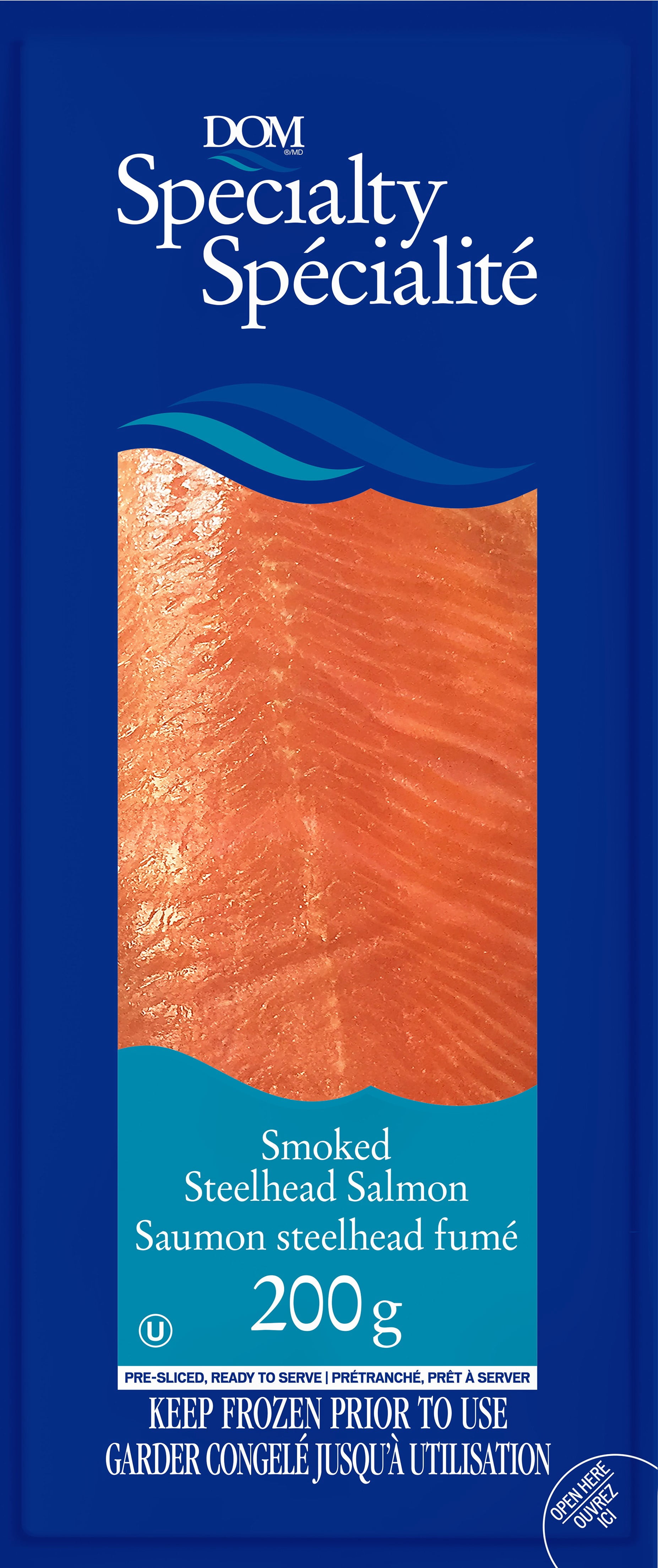 DOM Specialty Frozen Smoked Steelhead Salmon, 200 g - Pre-sliced.