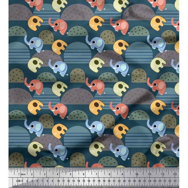 Soimoi Poly Georgette Fabric Cute Elephant Kids Printed Fabric 1 Yard 52 Inch Wide
