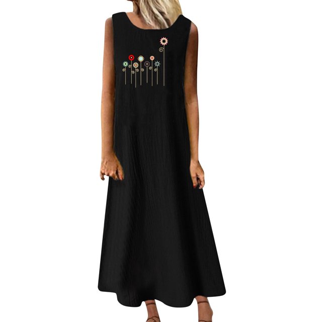 Cameland Robe Longue d'Été Décontractée pour Femme à Col Rond Sans Manches avec Poches pour Vacances à la Plage