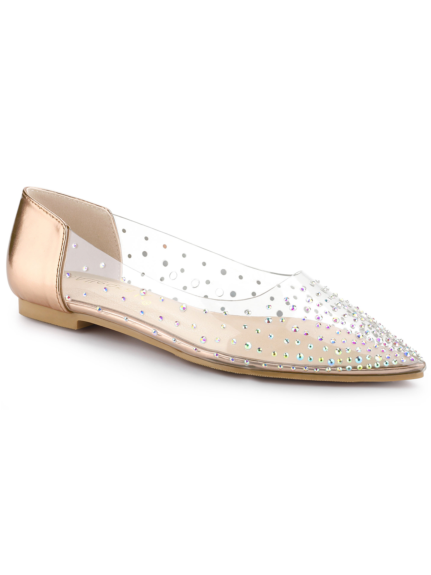 BLISSFUL STEP Women's Pointy Toe Clear Rhinestone Ballet Flats