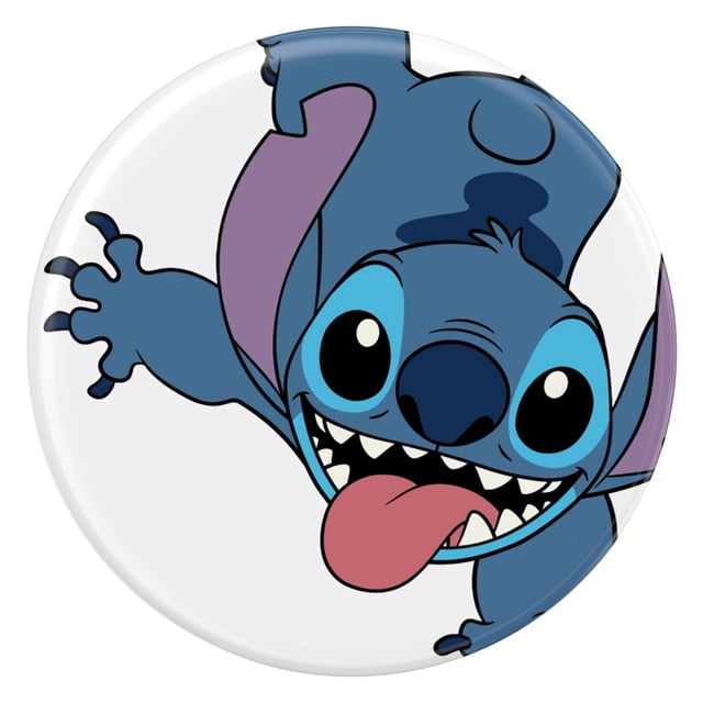 PopSockets PopGrip Crash Landing Stitch Phone Grip featuring a close-up of the blue animated character Stitch with large black eyes, purple inner ears, and tongue out on a white circular phone grip compatible with wireless charging and PopMounts.