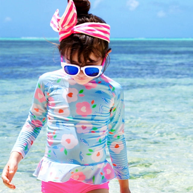 Toddler Girl Swimsuit Rash Guard Set Striped Ruffle Long Sleeve Sun Protection Kids Swimsuit 2-3 Years