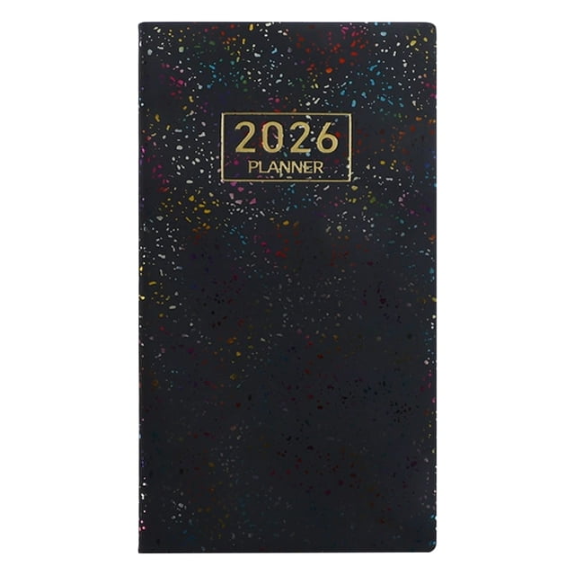 2026 Pocket Weekly Planner, 3.78 x 6.81 inches, with a black cover featuring multicoloured speckles and gold '2026 Planner' text. Compact and portable, ideal for professionals, students, and personal organization. Durable materials ensure year-round use for schedules, notes, and to-do lists.