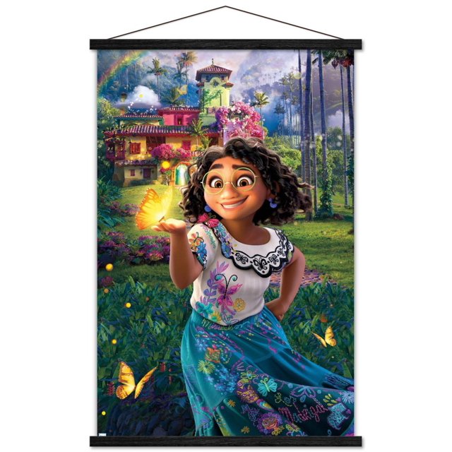 Disney Encanto - Affiche Murale d'Une Feuille, 22,375 Pouces x 34 Pouces Représentant une Jeune Fille aux Cheveux Bouclés dans une blouse Blanche avec Broderie Noire et une Jupe Florale Colorée, Tenant un Papillon Jaune Lumineux. l'Arrière-plan Présente une Maison Multicolore Vibrante Entourée d'Une Verdure Luxuriante, de Grands Palmiers, de Fleurs en Floraison et d'Un Arc-en-Ciel. Imprimée sur Papier Lustré, Idéale pour la Déco de la Maison et l'Art Mural.