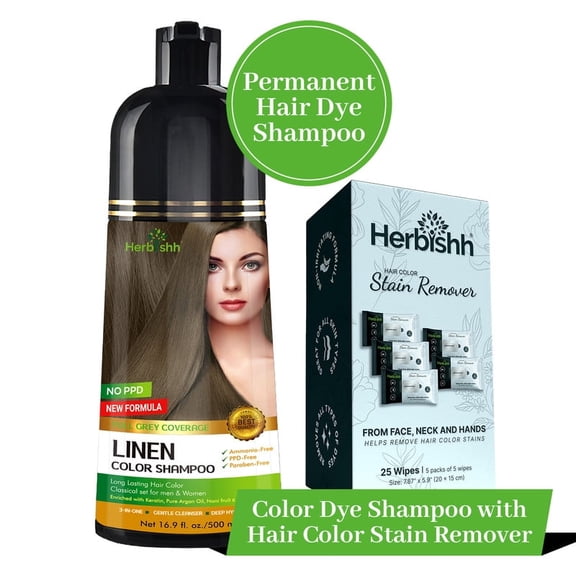 Herbishh Shampooing Colorant pour Cheveux Gris – Shampooing Teinture Lin 3 en 1 / Sans Ammoniaque 500 ml + Détachant de Couleur / Shampooing Colorant pour Hommes et Femmes