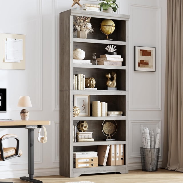 Tall Farmhouse Bookshelf - 6 Tier Adjustable Open Bookcase with Anti-Tip & Anti-Slip, Freestanding Storage for Home Office, Living Room, Balcony, Library - Hand-Grabbed Gray, 6 Layers, W800