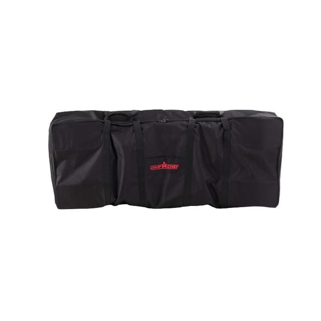 CAMP CHEF CARRY BAG FOR HIGHLINE GRILL in black 600 Denier weather-resistant fabric with dual carry handles, wrap handle, and large industrial EZ glide zipper, designed for easy transport and protection of the Highline Grill, suitable for outdoor cooking and BBQ accessories storage.