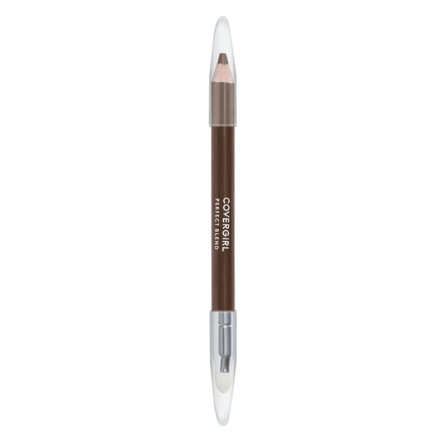 COVERGIRL Perfect Blend Eye Pencil in brown with a sharpened tip and clear cap on one end, and a plush blending tip with a transparent cap on the other, designed for smooth application to create defined lines or smoky eyes with a water-resistant, cruelty-free formula.