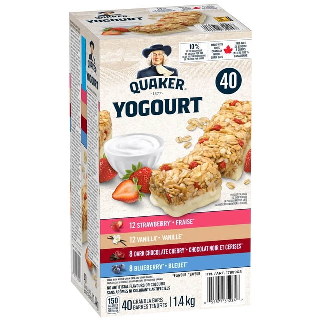 Quaker Barres Granola au Yogourt Assortiment, 40 X 35 g – Fraise, Vanille, Cerise au Chocolat Noir et Bleuet