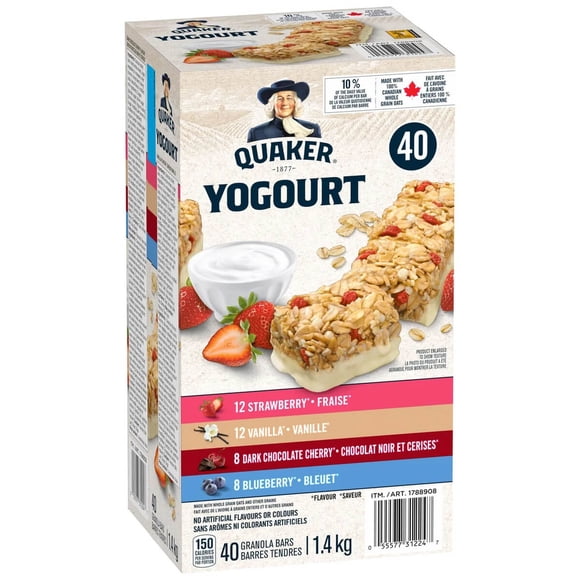 Quaker Yogourt Granola Bars Variety Pack, 40 × 35 g – Strawberry, Vanilla, Dark Chocolate Cherry & Blueberry
