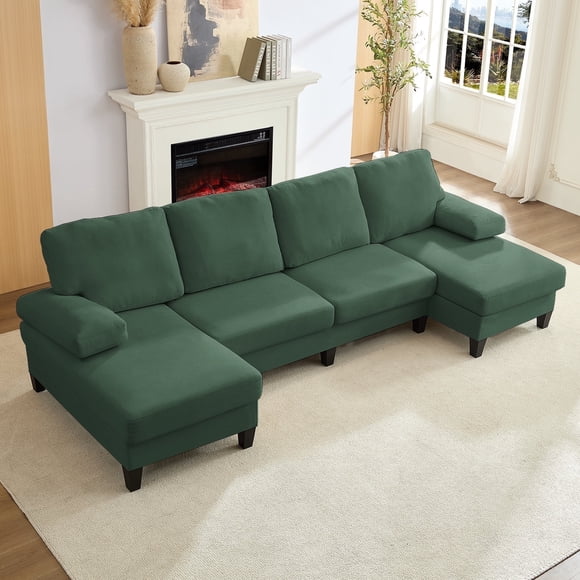 Puremind 110" U Shaped Sofa, Upholstered Sectional Couch with Double Chaises, Modern 4 Seat Sofas and Couches for Living room/Apartment, Green