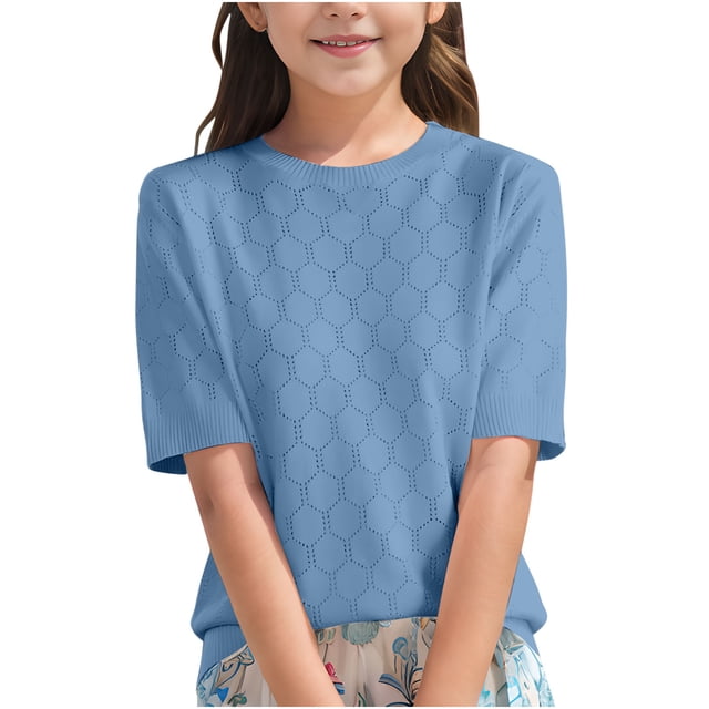 T-Shirts pour Filles Coupe Ample Col Rond Basique Blouses d'Été pour Enfants 6-14 Ans