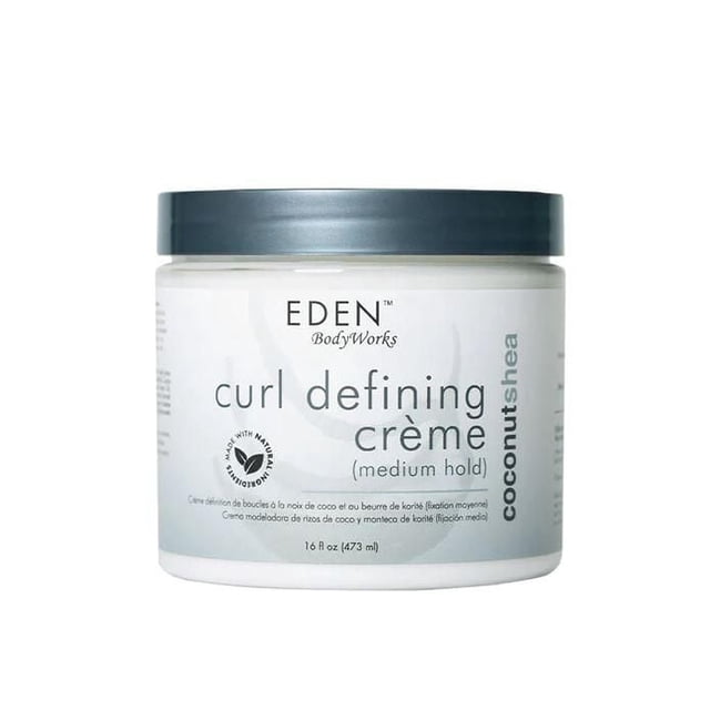 Eden Bodyworks Natural Curl Defining Creme in a 16 oz (473 ml) white jar with dark gray lid, coconut shea formula providing medium hold to define and separate curls, control frizz, and resist humidity without residue, suitable for natural hair styling.