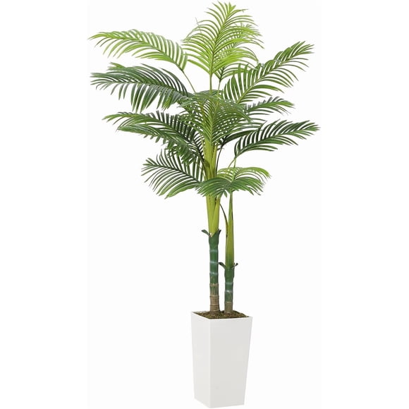 6FT Artificial Palm Tree Indoor Outdoor - 72 Inch Fake Silk Palm Plant with Realistic Fronds & 2 Trunks, White Tall Planter with Concrete Base & Faux Moss, Home Decor for Living Room, Office, Hotel
