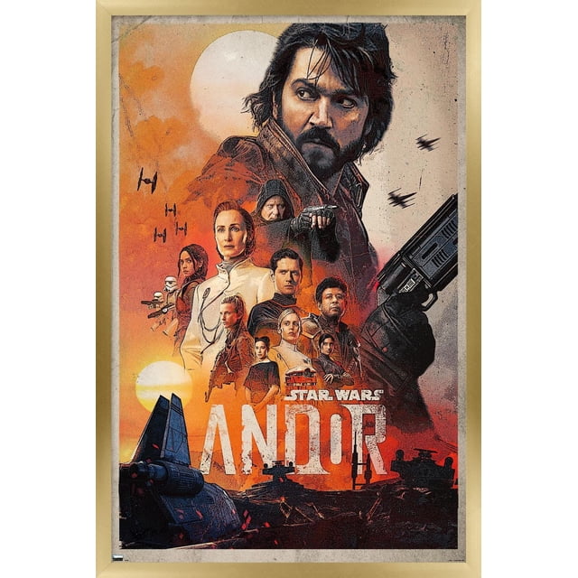 Star Wars : Andor - Affiche Murale d'Une Feuille, 22,375 Po x 34 Po, Représentant un collage de Personnages de la Série avec un Fond orange et beige avec un Grand Soleil, des Combattants à Nouer en Vol et des Véhicules Star Wars au Bas, Imprimée sur du Papier d'Affiche Lustré avec une Bordure beige, Convient à la Déco Maison et à l'Art Mural.
