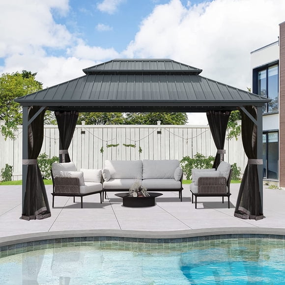 Domi Outdoor Toit Rigi 3 X 3,6 m (10 X 12 Pi) en Métal Galvanisé à Double Toit, Rideaux et Moustiquaire Inclus, Gris, Idéal pour Terrasse, Patio Ou Jardin.