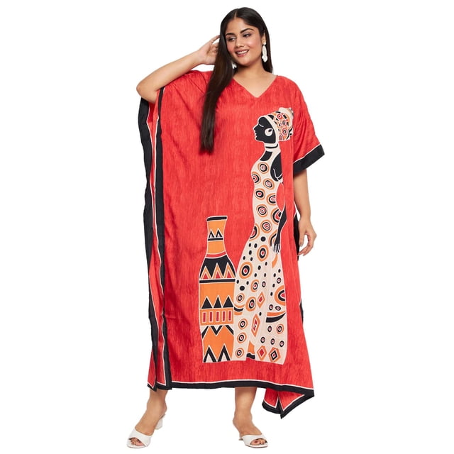 Oussum Robes Longues Caftans Tribales Rouges en Polyester Grande Taille pour Femmes
