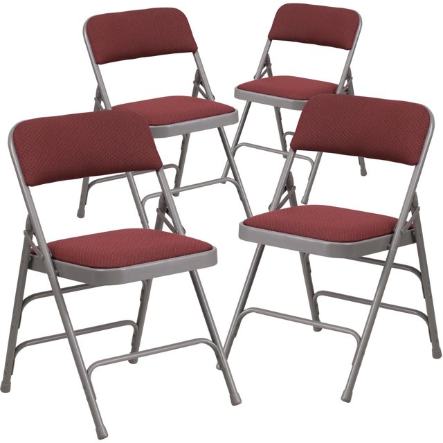4 Pk. HERCULES Series Curved Triple Braced & Double Hinged Burgundy Patterned Fabric Metal Folding Chair
