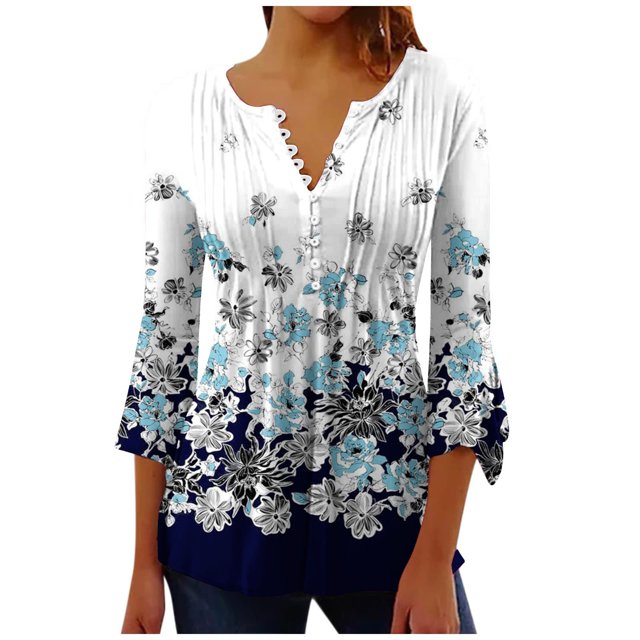 Pompotops Women's Casual Trumpet 3/4 Sleeve Printed Buttoned Basic Ruched Tops Pleated T-shirts Blouses On Sale