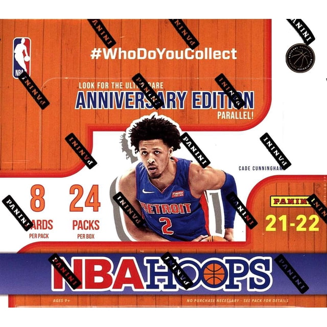 Boîte de Détail de Cartes à Échanger de Basketball NBA Panini 2021-22 Hoops (24 Paquets) Boîte de Détail Centrée Orientée vers l'Avant avec logos Panini et NBA Hoops, Boîte Rectangulaire en Carton Imprimé Étiquetée 24 Paquets avec photo de Joueur, Graphiques et Texte de Produit; Convient aux Collectionneurs Ou comme Cadeau.