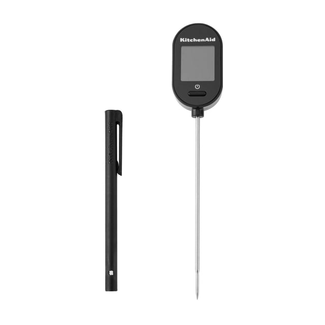 KitchenAid Digital Instant Read Thermometer with black digital display and stainless steel probe, paired with a slim black protective pocket sleeve with clip, designed for precise and quick food temperature measurement in cooking.