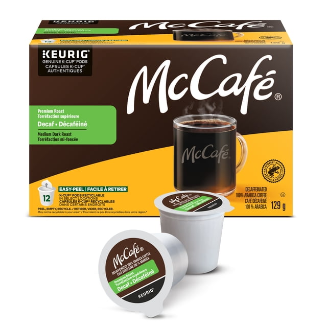 McCafé Premium Torréfaction Moyenne Foncée Décaféiné K-Cup Boîte de Dosettes de Café avec 12 Dosettes Recyclables, Présentant une Tasse de Café Noir à la Vapeur sur l'Emballage, Faite à Partir de Grains 100 % Arabica Utilisant la Décaféination à l'Eau Suisse, compatible avec Toutes les Cafetières Keurig et Convient à l'Infusion à Portion Individuelle.