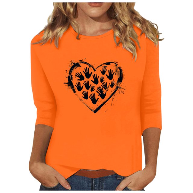 Dadaria T-Shirt pour Femme T-Shirt Orange Hauts T-Shirt à Manches 3/4 Col Ras du Cou T-Shirt Grande Taille Tee Chandail d'Été Blouses TG