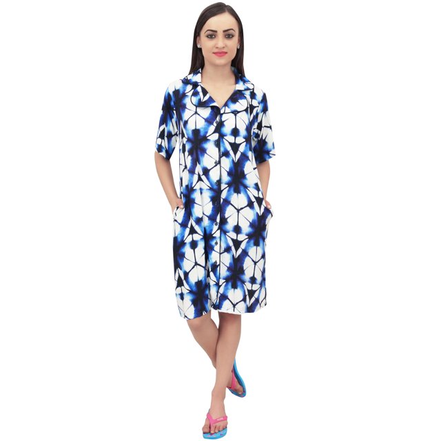 Bimba Chemise de Nuit Bleue en Rayonne pour Femmes Manches Courtes Imprimé Géométrique Robe de Nuit - 26