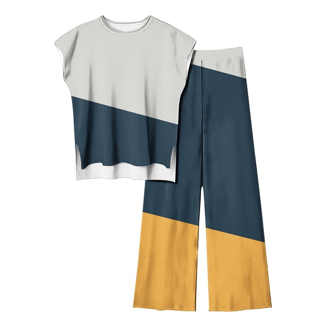 Blouses pour Femmes Ensemble Décontracté à la Mode Sans Manches devant Court derrière Long Haut Sans Manches et Pantalon