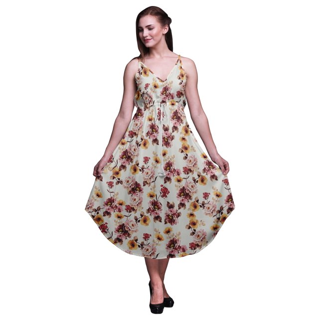 Bimba Floral Ladies Printed Resort Midi Drawstring Dress Spaghetti Strap Beach Wear-XX-Large