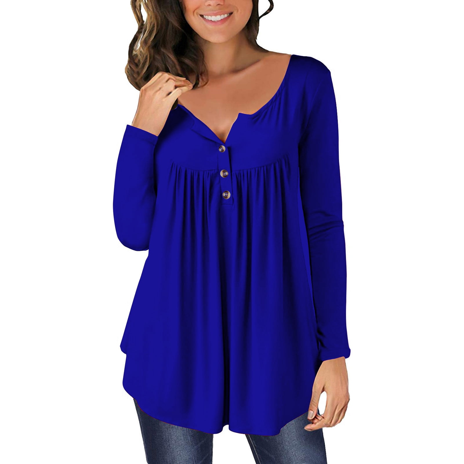 Timegard Tops for Women Ruched Notched V-Neck Long Sleeve Button Blouse Dressy Casual Tunic Tops