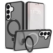 Asuwish Phone Case for Samsung Galaxy S26 5G Tempered Glass Screen Protector Magnetic Folding Stand Frosted Translucent Rugged Shockproof Protective Cell Cover S 26 26S 26 26S Women Men Black