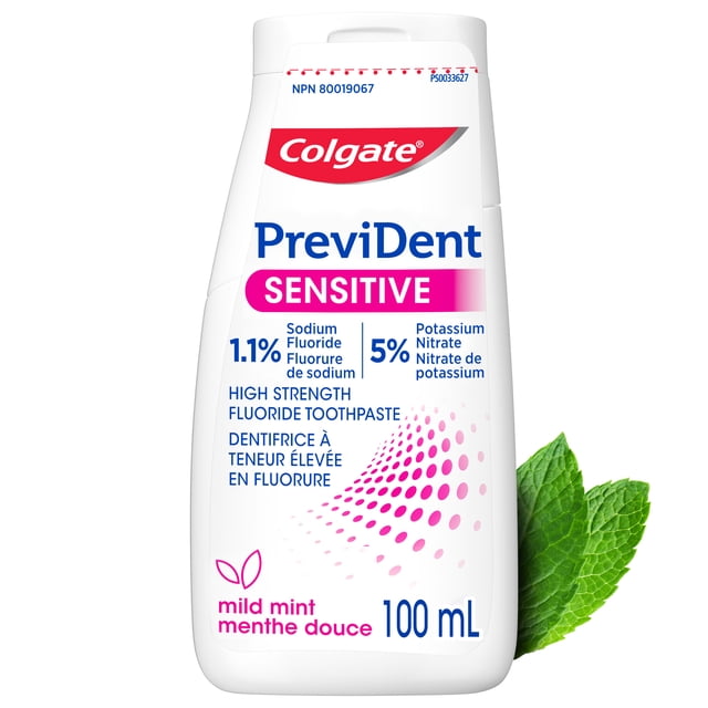 Colgate PreviDent Sensitive Toothpaste, Mint, 100 mL white plastic bottle with high strength fluoride formula containing 1.1% sodium fluoride and 5% potassium nitrate for cavity and sensitivity protection, featuring mild mint flavour and bilingual English-French labeling, shown with fresh mint leaves.