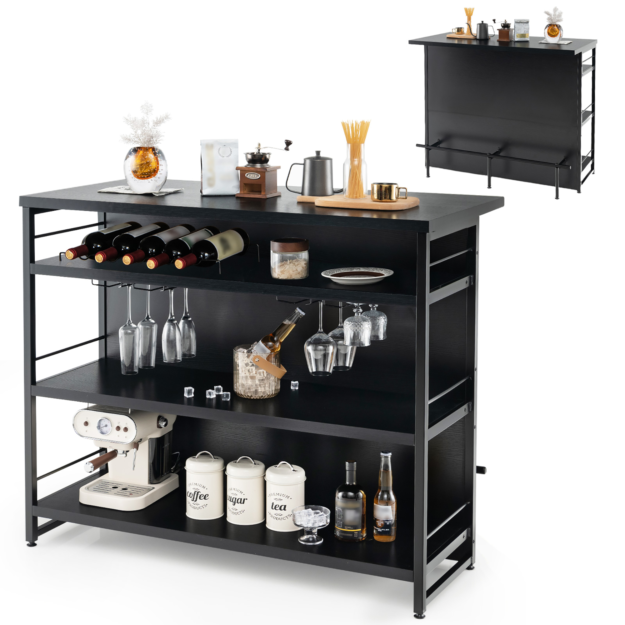 Gymax Îlot de Cuisine Industriel Bar Table Étagère de Rangement à 4 Niveaux Casier à Vin Porte-Verres