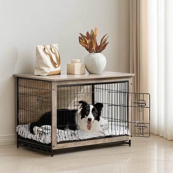 LEDREM Dog Crate Furniture, Meuble d'Intérieur pour Chien de 38,6 Po Kennel avec Doubles Portes, Plateau Amovible, Table d'Appoint, pour Chiens jusqu'à 70 lb, Grège