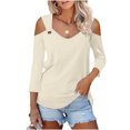 thumbnail image 1 of RXIRUCGD Femmes Solide Manches 3/4 Col en V Chandail Sans Bretelles Hauts Chemises Blouse, Beige, Taille : L, 1 of 6