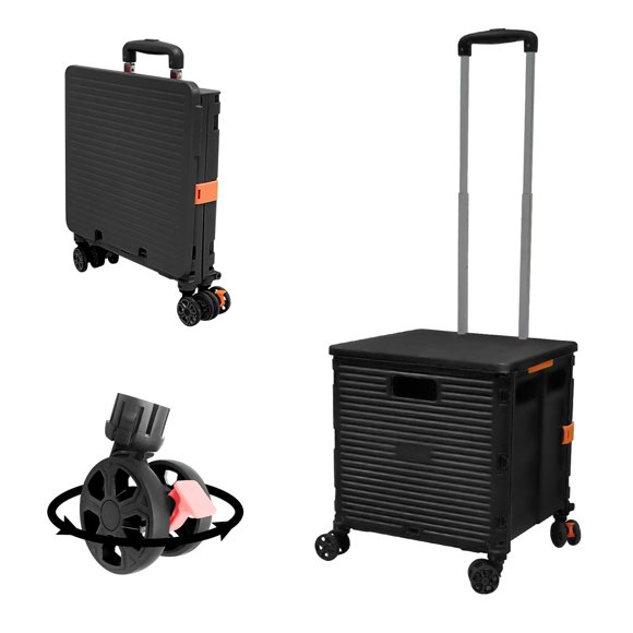 FELICON SELORSS Foldable Utility Cart Folding Portable Rolling Crate Handcart with Durable Heavy Duty Plastic Telescoping Handle Collapsible 4 Rotate Wheels for Travel Shop Move L
