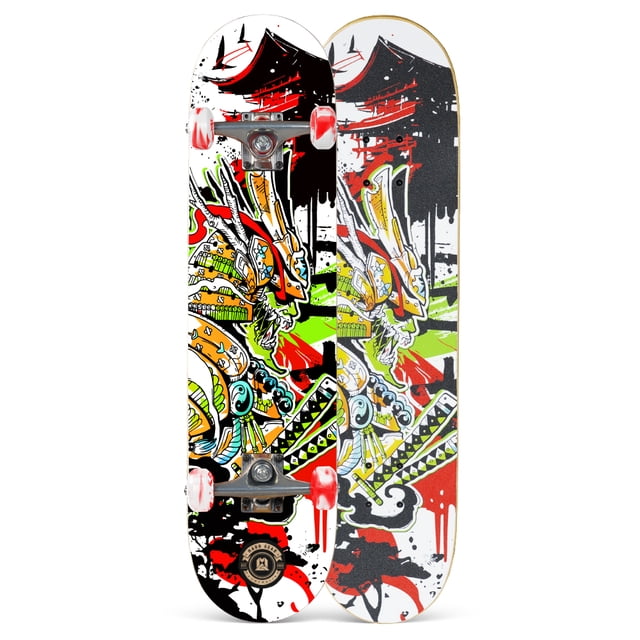 Madd Gear 31" Double Kicktail Skateboard with vibrant samurai warrior graphic in orange, green, black, and red on a white 7-ply maple deck, featuring 5" aluminum alloy trucks and 54mm translucent red PU wheels, shown from top and bottom views, suitable for beginner to intermediate skaters.