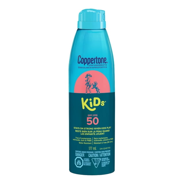 Coppertone Vaporisateur Écran Solaire pour Enfants FPS 50, 177 ml, dans une Bouteille Vaporisateur Bleu et Sarcelle avec un Capuchon Bleu Pâle, Mettant en Vedette un Cercle Rose avec illustration d'Enfant et de Chien, Résistant à l'Eau pendant 80 minutes, Hypoallergénique et Sans oxybenzone, octinoxate, Colorants Ni PABA, Offrant une protection à Grand Spectre contre les UVA/UVB Idéale pour Jouer Dehors.