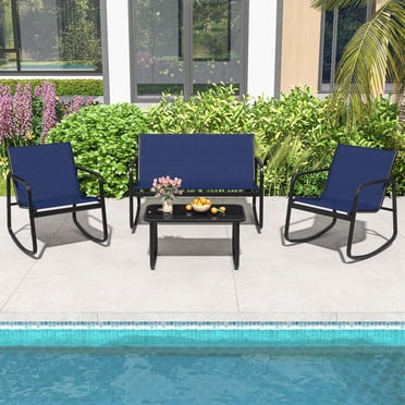 Costway 4 PCS Patio Rocking Set 2 Rocking Chairs & Loveseat with Glass-Top Table Outdoor Navy