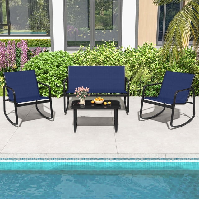 Costway 4 PCS Patio Rocking Set with 2 navy rocking chairs, a loveseat, and a glass-top coffee table. Designed for outdoor use, the set features breathable, quick-drying navy fabric and sturdy metal frames. The tempered glass tabletop is secured with suction cups for stability. Ideal for backyard, poolside, or balcony relaxation.